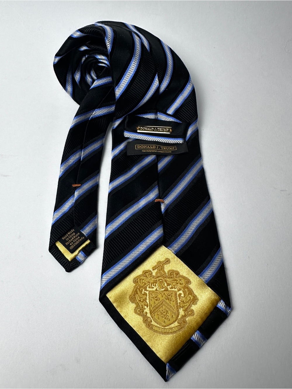 Donald J. Trump Signature Collection 100% Silk Tie Black Blue Striped Gold Crest